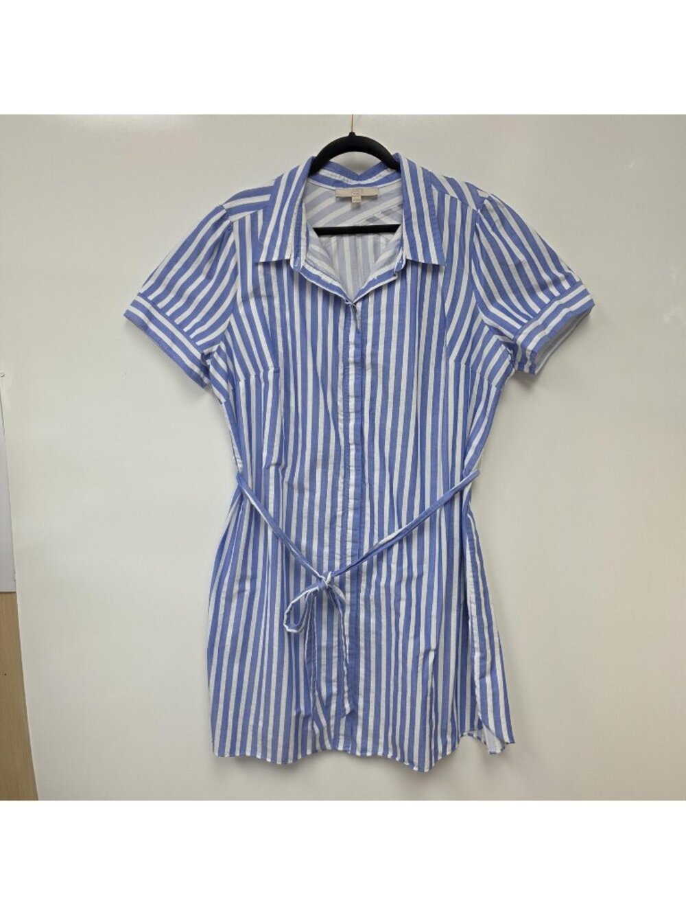 LOFT Shirt Dress Womens 18 Blue Stripe Short Sleeve Button Front Belted Cotton